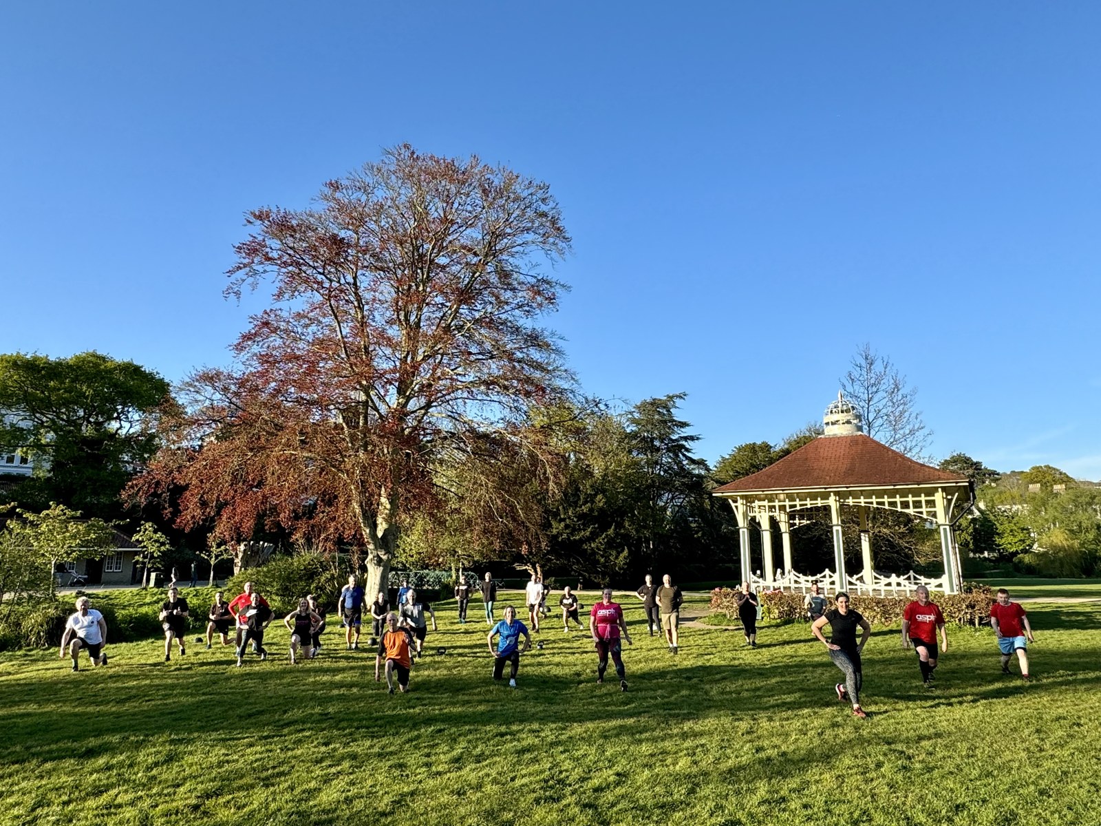 Around twenty-five people lunging on the grass at Alexandra Park during a St Leonards Strength class, the bandstand behind them under a clear blue sky